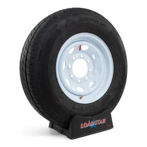 Rainier ST235/85R16 Radial Trailer Tire on White Painted 8 Lug Wheel