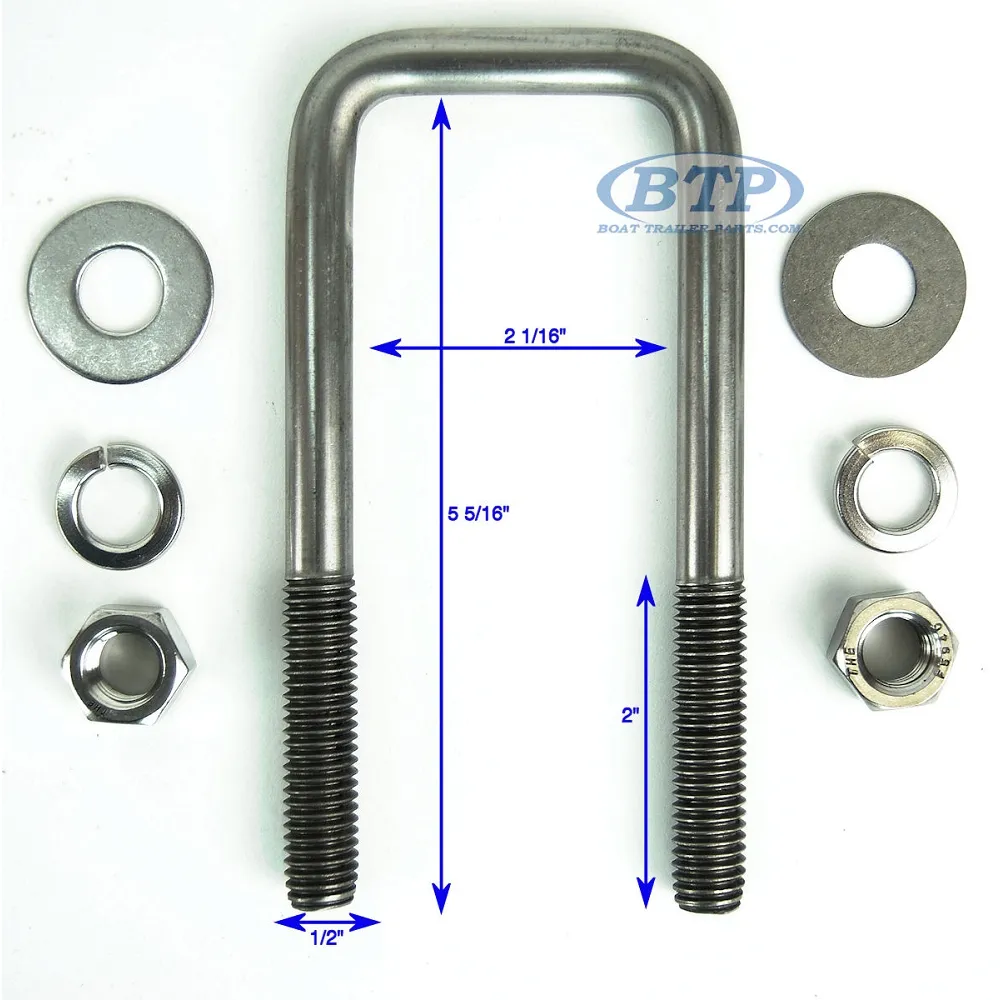 Stainless Steel Square Trailer U-Bolt 1/2 inch x 2 inch x 5 5/16 inch