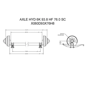 X060D93X76H8 – Hydraulic Axle for 6K Trailers, 93.8″ HF, 76″ SC, 8 Bolt